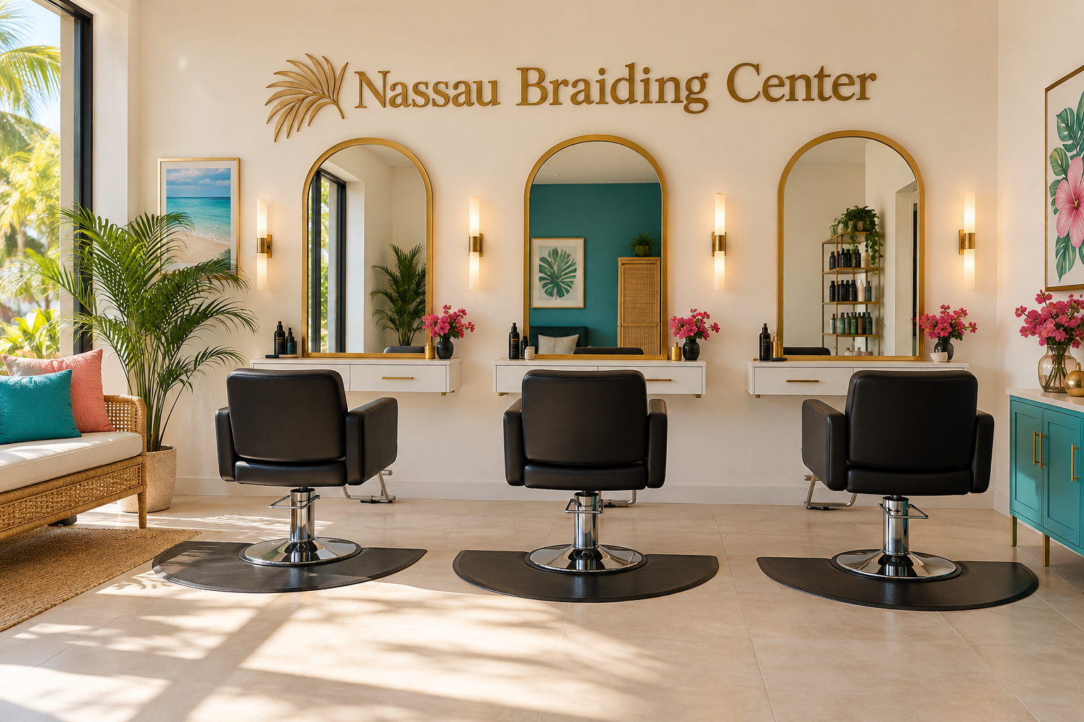 Concept rendering of a three-chair Nassau Braiding Center studio with black chairs and gold mirrors