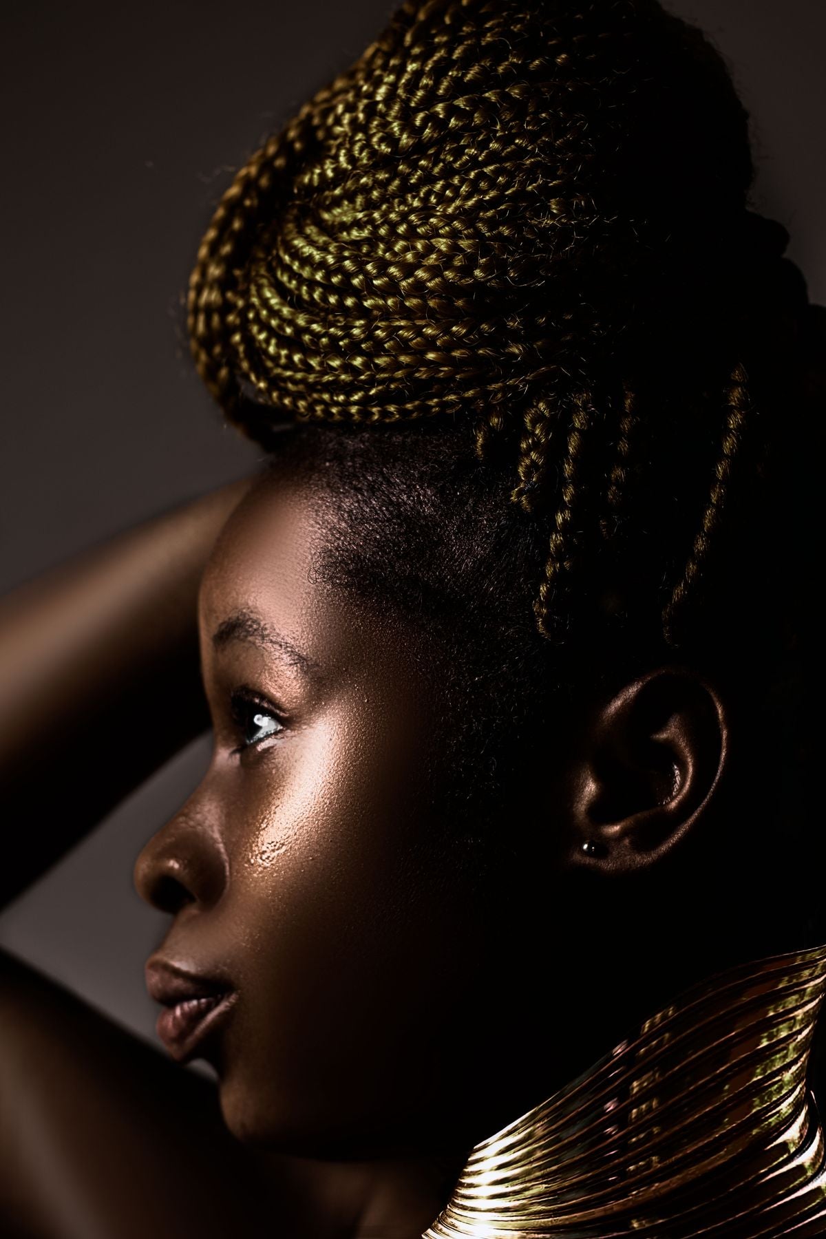 Adult woman in profile with a golden braided updo — editorial inspiration